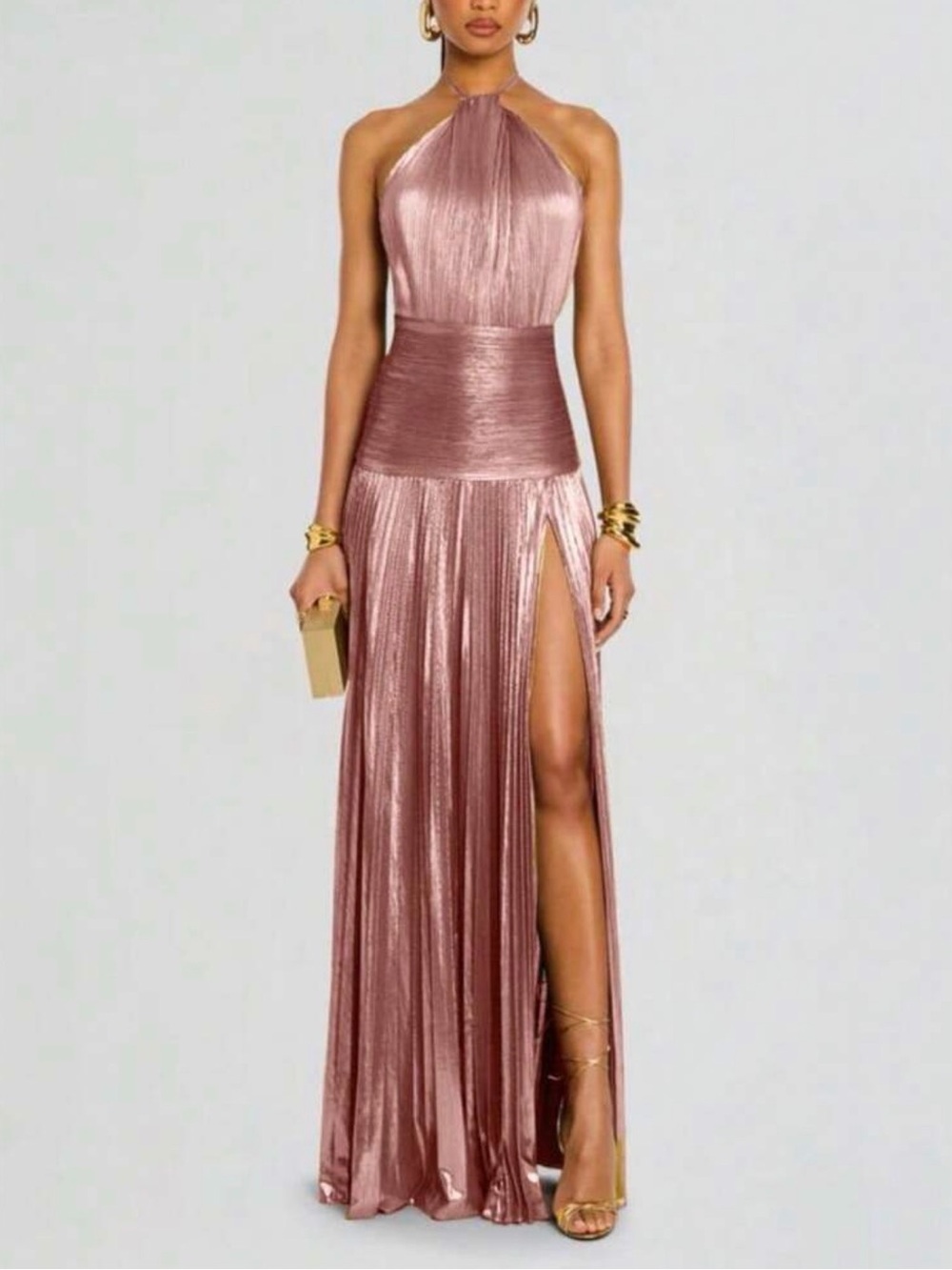 SHEIN Metallic Rose Halter Maxi Dress with High Slit
